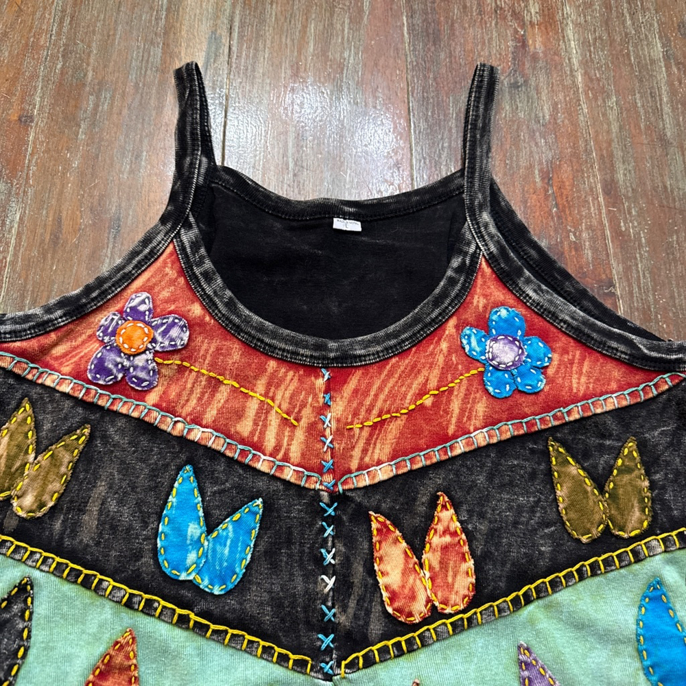 Boho Multicolor Patchwork Tank Top Large Leaf Flo… - image 2